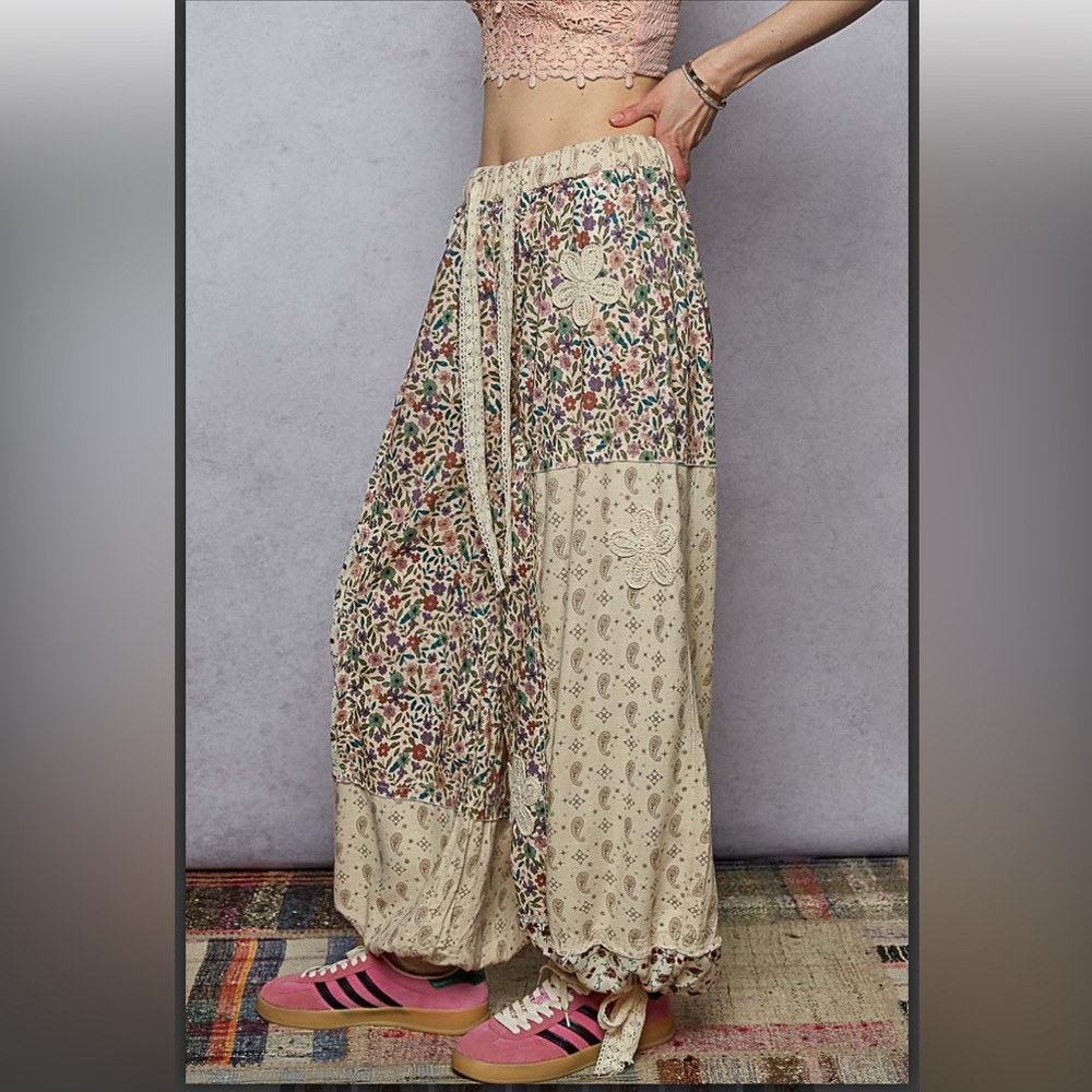 POL contrast patchwork crochet pants